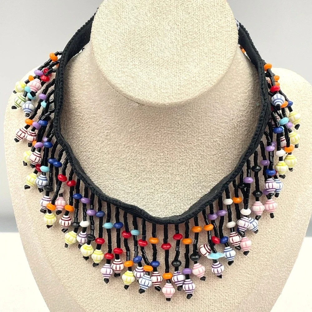 Vintage 90s Glass Bead Fringe Choker Necklace Black Fabric Boho Fashion‎ Jewelry